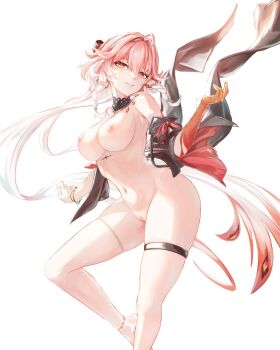 Rule 34 | 1girl, absurdres, ahoge, barefoot, black collar, black sleeves, body markings, bracelet, braid, breasts, bright pupils, changli (wuthering waves), closed mouth, collar, colored extremities, foot out of frame, hair between eyes, hair extensions, hair intakes, hand up, highres, image sample, jewelry, large breasts, looking at viewer, mikasciii, multicolored hair, navel, nipples, nude, picarto sample, pink hair, pussy, red hands, ring hair extensions, simple background, smile, solo, stomach, tacet mark (wuthering waves), thigh strap, twin braids, two-tone hair, uncensored, white background, white hair, white pupils, wuthering waves, yellow eyes