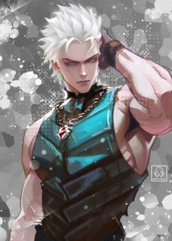1boy arm_up black_gloves blue_eyes blue_shirt closed_mouth commentary cowboy_shot devil_may_cry devil_may_cry_(series) devil_may_cry_3 english_commentary gem gloves highres jewelry male_focus maskoo185826 muscular muscular_male necklace red_gemstone shirt short_hair sleeveless sleeveless_shirt solo vergil_(devil_may_cry) white_hair