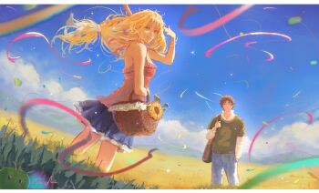 1boy 1girl alex_(stardew_valley) bag bare_shoulders basket blonde_hair border bracelet brown_hair closed_eyes closed_mouth cloud collared_shirt commentary denim doiya_a english_commentary floating_hair flower green_shirt hair_tie haley_(stardew_valley) highres holding holding_basket jeans jewelry junimo layered_sleeves letterboxed light_smile long_sleeves looking_at_viewer pants ponytail shirt short_hair short_over_long_sleeves short_sleeves shoulder_bag sky smile standing stardew_valley streamers sunflower white_border white_shirt