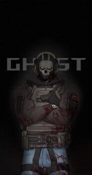 Rule 34 | 1boy, balaclava, belt, black background, black jacket, blood, blood on clothes, blood on mask, blue pants, bulletproof vest, call of duty, call of duty: modern warfare 2, character name, collared jacket, commentary, cowboy shot, denim, english commentary, ghost (modern warfare 2), gloves, gun, headphones, headset, highres, holstered, jacket, jeans, k4nczz, long sleeves, looking at viewer, male focus, mask, military combat uniform, military uniform, negative space, pants, pouch, red eyes, sanpaku, shoulder pouch, skeleton print, skull mask, solo, standing, straight-on, thigh pouch, union jack, vest, weapon