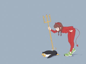 1boy 1girl bird bodysuit braid commentary confused demon_horns demon_tail dizzy english_commentary glasses green_shoes grey_background highres horns linux looking_down penguin poking polearm realda_(vibrantrida) shoes simple_background sneakers tail teasing trident tux twin_braids twintails vibrantrida weapon