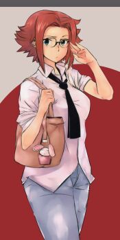 1girl adjusting_eyewear alternate_costume bag black_necktie blue_eyes breasts chinesehunanqiyangwk code_geass commentary grey_pants highres holding holding_bag japanese_flag kouzuki_kallen looking_at_viewer medium_breasts necktie pants red_hair shirt short_hair sleeves_rolled_up solo stuffed_animal stuffed_rabbit stuffed_toy white_shirt