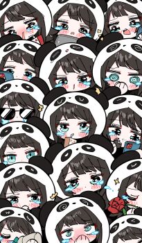 Rule 34 | 1girl, @ @, absurdres, bang dream!, bang dream! it's mygo!!!!!, black hair, blue eyes, blush, cellphone, chinese commentary, closed eyes, commentary request, crying, crying with eyes open, drinking straw, drinking straw in mouth, eating, flower, highres, holding, holding phone, multiple expressions, open mouth, phone, red flower, red rose, rose, smartphone, sunglasses, tears, yahata umiri, zhanzhangzlw