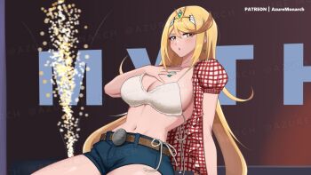 1girl azure_monarch blonde_hair blue_shorts bra breasts chest_jewel core_crystal_(xenoblade) cosplay denim denim_shorts earrings jewelry kwon_eun-bi kwon_eun-bi_(cosplay) large_breasts long_hair mythra_(xenoblade) open_clothes open_shirt panties real_life red_shirt shirt short_shorts shorts side-tie_panties solo tiara underwear white_bra white_panties white_shirt xenoblade_chronicles_(series) xenoblade_chronicles_2 yellow_eyes