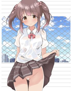 1girl absurdres bar_censor blue_sky blush border bow bowtie breasts brown_eyes brown_hair brown_skirt censored chain-link_fence cityscape clothes_lift cloud collared_shirt commentary_request cowboy_shot dress_shirt fence gluteal_fold gradient_sky hair_bow highres idolmaster idolmaster_cinderella_girls lifting_own_clothes looking_at_viewer medium_breasts medium_hair ogata_chieri ohana._(komachi) outdoors outside_border pink_bow plaid_clothes plaid_skirt pleated_skirt pussy red_bow red_bowtie see-through_clothes see-through_shirt shirt short_sleeves short_twintails sidelocks skirt skirt_lift sky smile solo standing thighs twintails white_border white_shirt