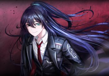 Rule 34 | 1boy, aqua eyes, black coat, black vest, blue hair, closed mouth, coat, collared shirt, commentary, cowboy shot, cowlick, dolsig ilangnolja, half updo, heterochromia, hong lu (project moon), lapels, limbus company, long hair, looking at viewer, necktie, notched lapels, project moon, red necktie, shirt, sidelocks, smile, smoke, solo, very long hair, vest, white shirt