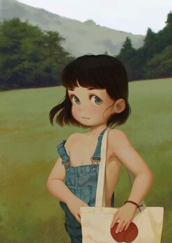 1girl alkemanubis bag black_hair bracelet closed_mouth day female_focus green_eyes highres jewelry loli looking_at_viewer naked_overalls nipple_slip nipples original outdoors overalls overcast short_hair sky solo standing strap_slip tree upper_body wind