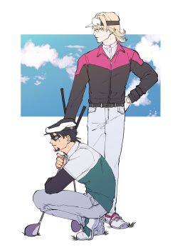 2boys barnaby_brooks_jr. blonde_hair brown_hair clothing_cutout cloud commentary_request eye_mask facial_hair fsz_tb glasses glove_cutout gloves goatee golf_club grey_pants hat highres kaburagi_t._kotetsu male_focus mask medium_hair multiple_boys pants partially_unzipped profile shirt shoes short_hair sky squatting standing tiger_&amp;_bunny two-tone_shirt visor_cap white_gloves white_pants white_shirt zipper zipper_pull_tab