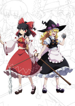 2girls apron ascot between_fingers black_eyes black_hair black_hat black_shoes black_skirt black_vest blonde_hair bow braid broom closed_mouth commentary_request detached_sleeves full_body gohei hair_bow hakurei_reimu hat hat_bow hat_ribbon holding holding_broom holding_gohei holding_ofuda kirisame_marisa lineart long_hair long_sleeves looking_at_viewer lunamoon mary_janes midriff multiple_girls navel ofuda open_mouth puffy_short_sleeves puffy_sleeves purple_bow purple_ribbon red_bow red_ribbon red_shirt red_skirt ribbon ribbon-trimmed_sleeves ribbon_trim shirt shoes short_sleeves side_braid skirt sleeveless sleeveless_shirt socks standing the_memories_of_phantasm touhou vest waist_apron white_apron white_shirt white_sleeves white_socks wide_sleeves witch_hat yellow_ascot yellow_eyes