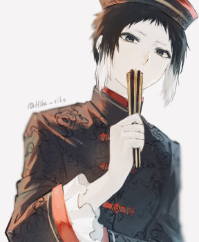 Rule 34 | 1boy, absurdres, akutagawa ryuunosuke (bungou stray dogs), alternate costume, black hair, bungou stray dogs, colored tips, commentary request, folded fan, folding fan, from below, hand fan, hiba riko, highres, holding, holding fan, looking at viewer, male focus, multicolored hair, short hair, sidelocks, simple background, solo, twitter username, two-tone hair, upper body, white background, white hair