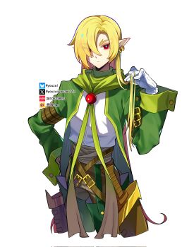 Rule 34 | 1boy, arm belt, belt, blonde hair, brown belt, brown pants, commentary request, digimon, digimon (creature), earrings, garter straps, gloves, green garter straps, green jacket, green scarf, hair between eyes, highres, holding own hair, hoop earrings, jacket, jewelry, long hair, male focus, missing headwear, one eye covered, open clothes, open jacket, pants, petermon, pointy ears, red eyes, scabbard, scarf, see-through hair, sheath, shirt, solo, sword, twitter logo, twitter username, waistband, weapon, white gloves, white shirt, youzaiyouzai112