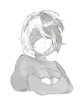 1girl 2b_(nier:automata) absurdres black_hair blindfold breasts cleavage cleavage_cutout closed_mouth clothing_cutout cosplay headband highres hololive hololive_english juliet_sleeves kurochanai large_breasts long_sleeves multicolored_hair nier:automata nier_(series) orange_eyes puffy_sleeves shiori_novella short_sleeves solo split-color_hair upper_body white_hair