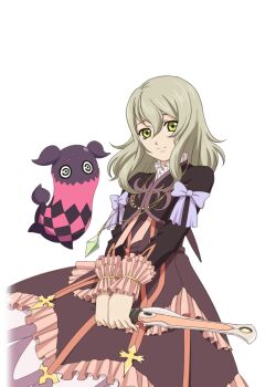 Rule 34 | 1girl, artist request, blonde hair, bow, closed mouth, commentary, cowboy shot, creature, cropped jacket, doll, dress, elize lutus, frills, game cg, green eyes, holding, holding staff, jewelry, looking at viewer, medium hair, official art, own hands together, pendant, purple bow, purple dress, purple ribbon, ribbon, smile, solo, staff, standing, tales of (series), tales of asteria, tales of xillia, teepo (tales), third-party source, transparent background