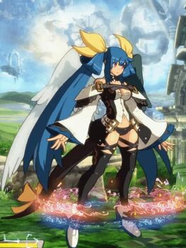 1girl 3d adjusting_bow animated animated_gif arc_system_works asymmetrical_wings belt black_panties black_thighhighs blue_hair boots bow breasts choker cloud collarbone crossed_legs detached_sleeves dizzy_(guilty_gear) fingernails gears grass guilty_gear guilty_gear_xrd hair_between_eyes hair_ribbon hair_rings high_heels idle_animation large_breasts long_hair looping_animation magic_circle midriff monster_girl multicolored_background navel official_art panties pillar red_eyes ribbon sky standing sun tail tail_ornament tail_ribbon thick_thighs thigh_strap thighhighs thighs twintails underwear wings yellow_ribbon