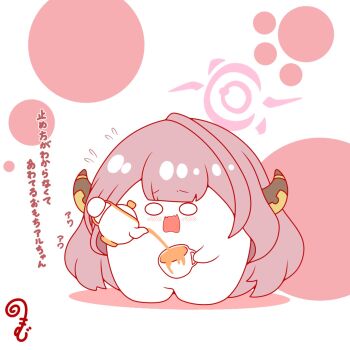 aru_(blue_archive) blue_archive blush brown_hair chibi cup flying_sweatdrops full_body halo highres holding holding_cup holding_teapot horns kurukurumagical long_hair looking_at_viewer open_mouth overflowing pouring shadow solo standing tea teapot translation_request very_long_hair white_background wide_oval_eyes