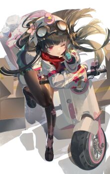 Rule 34 | 1girl, black hair, black pantyhose, girls' frontline, girls' frontline 2: exilium, goggles, goggles on head, grey helmet, hashtag-only commentary, helmet, highres, long hair, motor vehicle, motorcycle, motorcycle helmet, official alternate costume, one eye closed, pantyhose, red eyes, sakura (girls' frontline 2), samo (shichun samo), simple background, solo, thighs, type 100 (girls' frontline), white background