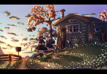 Rule 34 | ahoge, autumn, axe, black gloves, brown hair, bucket, chimney, cloud, cthulhu mythos, dress, elbow gloves, enothela, facing away, fence, flower, gloves, grass, grey hair, hair between eyes, own hands clasped, hat, hat ribbon, highres, hill, house, ladder, lavinia whateley, log, long hair, looking at another, open window, orb, original, own hands together, path, personification, red eyes, ribbon, road, scarf, scenery, shadow, short hair, shovel, sign, sky, stepladder, sunset, the dunwich horror, tree, veil, very long hair, window, yog-sothoth