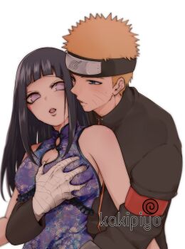 1boy 1girl artist_name bandaged_hand bandages black_hair black_headband blonde_hair blue_dress blue_eyes breasts china_dress chinese_clothes cleavage cleavage_cutout clothing_cutout commentary_request dress facial_mark forehead_protector grabbing_from_behind headband hetero highres hyuuga_hinata kaki_piyo large_breasts naruto:_the_last naruto_(series) open_mouth purple_eyes uzumaki_naruto whisker_markings