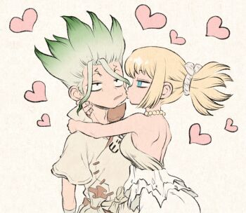 1boy 1girl biting biting_cheek blonde_hair blue_eyes breasts brother_and_sister dr._stone dress e=mc2_(equation) gradient_hair green_hair heart hetero hug ishigami_senkuu jewelry kiss kohaku_(dr._stone) multicolored_hair necklace ninomae_gin ponytail siblings sideboob spiked_hair white_dress