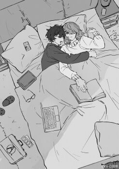 2boys absurdly_detailed_composition absurdres akechi_gorou amamiya_ren animal_slippers bed bed_frame bed_sheet black-framed_eyewear black_hair book carpet cellphone closed_eyes closed_mouth computer cuddling drooling from_above glasses greyscale hair_between_eyes hair_over_one_eye halftone highres holding holding_book indoors kurashimaizumi laptop loaded_interior lofter_username long_sleeves male_focus medium_hair messy_hair monochrome mouth_drool multiple_boys nightstand open_mouth persona persona_5 persona_5_the_royal phone photo_(object) pillow ribbed_sweater short_hair single_slipper sleeping slice_of_life slippers smartphone suitcase sweater under_covers unworn_eyewear unworn_slippers waking_up yaoi