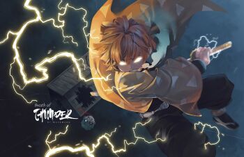 2boys agatsuma_zenitsu belt black_footwear black_pants blonde_hair blood box english_text glowing glowing_eyes gradient_hair haori highres holding holding_sword holding_weapon japanese_clothes katana kimetsu_no_yaiba mazumaro multicolored_hair multiple_boys pants sword teeth triangle_print weapon white_belt