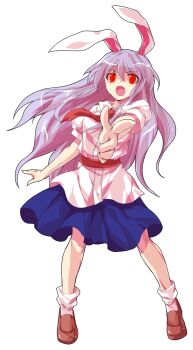 1girl alphes_(style) animal_ears blue_skirt bobby_socks brown_shoes buttons carrot collared_shirt commentary_request dairi dress_shirt full_body glowing glowing_eyes hair_between_eyes highres large_variant_set legs_apart long_hair necktie parody pointing pointing_at_viewer puffy_short_sleeves puffy_sleeves purple_hair rabbit_ears red_eyes red_necktie reisen_udongein_inaba shirt shoes short_sleeves skirt socks solo standing style_parody tachi-e touhou transparent_background variant_set very_long_hair white_shirt white_socks