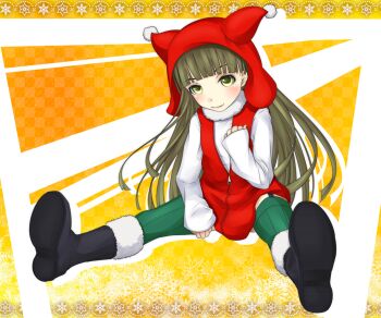 1girl black_boots blunt_bangs blush boots child christmas closed_mouth commentary_request full_body fur-trimmed_boots fur_trim green_eyes green_hair green_thighhighs hand_up hood jane_elves legs_apart long_hair long_sleeves looking_at_viewer red_hood red_vest shin_(highest1192) shirt sitting sleeves_past_wrists smile solo sozaiyamimi thighhighs toaru_majutsu_no_index toaru_majutsu_no_index:_endymion_no_kiseki very_long_hair vest white_shirt white_trim