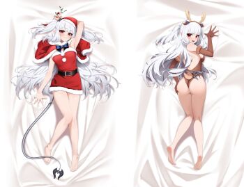 1girl antlers armpits ass ass_focus back belt breasts coat demon_girl demon_horns demon_tail dress elbow_gloves feet gloves hashtag-only_commentary hat highres horns indie_virtual_youtuber legs leotard long_hair lucy_pyre lying medium_breasts mistletoe nano_(nanojyaa) open_mouth playboy_bunny red_dress red_eyes santa_costume santa_dress santa_hat short_dress tail thighs toes twintails virtual_youtuber white_hair