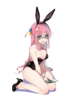1girl @_@ absurdres animal_ears bare_legs bare_shoulders black_leotard black_shoes blue_eyes blush bocchi_the_rock! bow bowtie breasts cleavage cube_hair_ornament detached_collar fake_animal_ears fake_tail full_body gotoh_hitori hair_between_eyes hair_ornament high_heels highres holding holding_money imaten kneeling large_breasts leotard long_hair looking_at_viewer money one_side_up open_mouth partially_shaded_face pink_bow pink_bowtie pink_hair playboy_bunny pumps rabbit_ears rabbit_tail shoes simple_background solo strapless strapless_leotard tail traditional_bowtie white_background white_wrist_cuffs wrist_cuffs