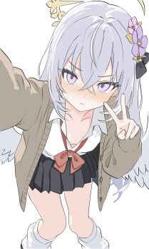 1girl azusa_(blue_archive) black_skirt blue_archive breasts brown_cardigan cardigan commentary_request feet_out_of_frame flower hair_between_eyes hair_flower hair_ornament halo highres kamitosayu looking_at_viewer open_cardigan open_clothes purple_eyes purple_flower reaching reaching_towards_viewer shirt simple_background skirt small_breasts solo v white_background white_hair white_shirt white_wings wings yellow_halo