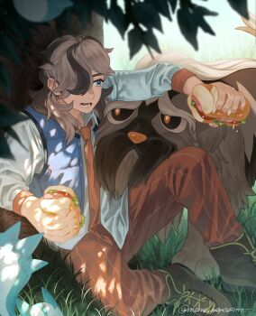 1boy arm_up arven_(pokemon) berry_(pokemon) black_footwear black_sclera blue_eyes blue_vest bread collared_shirt colored_sclera commentary_request dog eye_contact food gen_4_pokemon grass hair_over_one_eye highres holding holding_food knee_up layered_clothes lettuce looking_at_another lower_teeth_only mabosstiff male_focus mame_moyashi multicolored_fur multicolored_hair necktie nintendo open_mouth pachirisu pants pokemon pokemon_(creature) pokemon_sv red_eyes red_necktie red_pants sandwich school_uniform shirt shoelaces sitting sleeve_cuffs spiked_tail striped_clothes striped_pants tail teeth tomato tree twitter_username uva_academy_school_uniform vertical-striped_clothes vertical-striped_pants vest wing_collar
