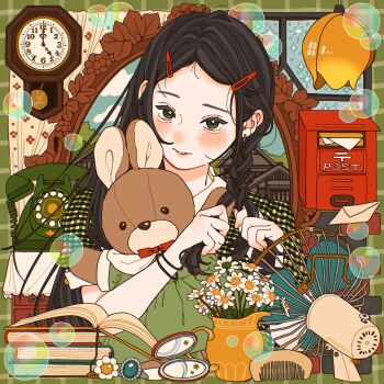 1girl absurdly_detailed_composition antique_phone black_eyes black_hair blush book braiding_hair bubble clock comb electric_fan eyelashes flower gem hair_ornament hairclip hairdressing highres holding holding_comb holding_own_hair jewelry lips loaded_interior long_hair looking_at_viewer mtirn3373 open_book original parted_lips ring solo square stuffed_animal stuffed_toy vase wall_clock white_flower