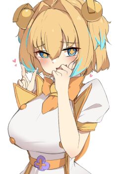 +_+ 1girl blonde_hair blue_eyes blue_hair blue_nails blush bombergirl bow bowtie breasts buttons commentary_request cum cum_on_body cum_on_hands explosive fingernails grenade grenade_hair_ornament hair_intakes highres large_breasts looking_at_viewer multicolored_hair nouka open_mouth orange_bow orange_bowtie pine_(bombergirl) puffy_short_sleeves puffy_sleeves shirt short_hair short_sleeves simple_background smile smug solo two-tone_hair two_side_up upper_body v white_background white_shirt yellow_pupils