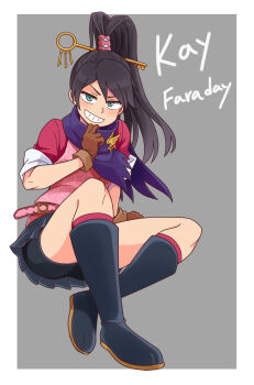 1girl absurdres ace_attorney aqua_eyes arm_support belt bike_shorts bike_shorts_under_skirt black_boots black_hair black_shorts blue_skirt boots brown_gloves character_name commentary full_body galois gloves grin high_ponytail highres kay_faraday key_hair_ornament knee_boots long_hair miniskirt pink_belt pink_shirt pleated_skirt ponytail purple_scarf scarf shirt shorts sitting skirt sleeves_rolled_up smile solo