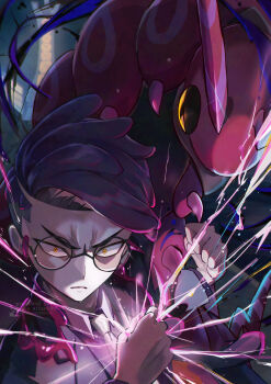 1boy antennae ayaka_mitarashi black-framed_eyewear black_jacket bug centipede closed_mouth collared_shirt colored_sclera commentary_request corbeau_(pokemon) gen_5_pokemon glasses highres jacket male_focus mega_stone necktie nintendo pokemon pokemon_(creature) pokemon_legends:_z-a purple_hair round_eyewear scolipede shirt short_hair short_sideburns sideburns undercut white_necktie yellow_eyes yellow_sclera