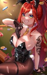 Rule 34 | 1girl, absurdres, arm tattoo, bare shoulders, between breasts, black gloves, black leotard, blush, breasts, casino card table, cleavage, collarbone, commentary request, dragon tattoo, elly (vtuber), fingerless gloves, gloves, green eyes, gun, highres, indie virtual youtuber, large breasts, leotard, long hair, necktie, pantyhose, playboy bunny, poker chip, ponytail, red hair, smile, strapless, table, tattoo, torn clothes, torn pantyhose, virtual youtuber, weapon, yayoi maka, yellow necktie