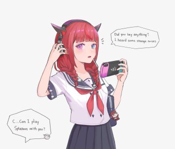 1girl absurdres bag bag_charm black_horns black_skirt blue_eyes braid breasts center-flap_bangs character_charm charm_(object) controller dollrys_(irys) english_text game_controller guyrys hair_over_shoulder headphones heterochromia highres holding holding_controller holding_game_controller hololive hololive_english horns irys_(gaming_casual)_(hololive) irys_(hololive) lienliensn long_hair looking_at_another low_twin_braids multicolored_hair neckerchief nintendo_switch official_alternate_costume open_mouth pleated_skirt pointy_ears purple_eyes red_hair red_neckerchief sailor_collar school_uniform serafuku shirt short_sleeves shoulder_bag simple_background skirt star-shaped_pupils star_(symbol) streaked_hair stuffed_toy symbol-shaped_pupils twin_braids virtual_youtuber white_serafuku white_shirt wispy_bangs