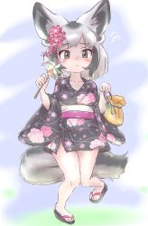 Rule 34 | 1girl, animal ears, bag, bat-eared fox (kemono friends), black hair, black kimono, blush, breasts, brown eyes, cleavage, floral print, floral print kimono, floral print sleeves, flower, fox ears, fox girl, fox tail, grey hair, hair flower, hair ornament, highres, holding, holding bag, holding pinwheel, japanese clothes, k (susiinochi24), kemono friends, kimono, large breasts, looking at viewer, multicolored hair, obi, pinwheel, print kimono, sash, short hair, smile, solo, tail