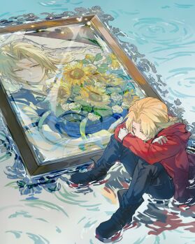 1boy black_boots blonde_hair boots bouquet braid coat crossed_arms edward_elric flower fullmetal_alchemist highres holding holding_bouquet hood hood_down hooded_coat looking_down male_focus parted_hair picture_frame red_coat ripples shirt single_braid sitting sunflower water white_shirt xue_ezi yellow_eyes yellow_flower