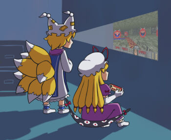 2girls blonde_hair cacodemon controller doom_(series) doom_i doomguy dress edgycat famicom_gamepad female_focus game_console game_controller game_screenshot holding holding_controller indoors it_runs_doom_(meme) meme multiple_girls playing_games purple_dress shadow sitting socks standing touhou video_game wall white_dress white_headwear white_socks yakumo_ran yakumo_yukari