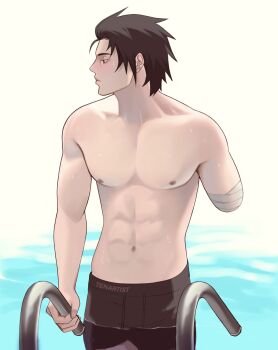 Rule 34 | 1boy, abs, amputee, bandaged arm, bandages, black eyes, black hair, black male underwear, closed mouth, commentary, cowboy shot, english commentary, hair slicked back, handrail, highres, in water, male focus, male underwear, naruto (series), nipples, pool, profile, spiked hair, tenartistt, uchiha sasuke, underwear, water drop, wet