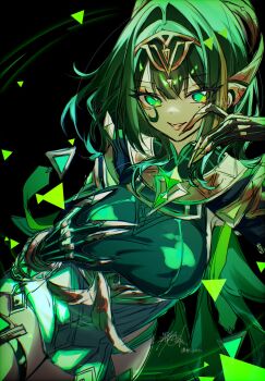 1girl black_background breasts claw_ring cowboy_shot dress ear_covers facial_mark gem genshin_impact green_dress green_eyes green_gemstone green_hair hair_intakes hairband hand_on_own_chest highres large_breasts looking_at_viewer mkr_aknk714 mole mole_under_eye nefer_(genshin_impact) short_hair smile solo thigh_strap triangle