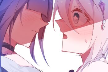 2girls black_choker blush choker commentary highres honkai_(series) honkai_impact_3rd kiana_kaslana kiana_kaslana_(herrscher_of_finality) long_hair multiple_girls open_mouth purple_hair raiden_mei raiden_mei_(apho) uma128shika white_hair yuri