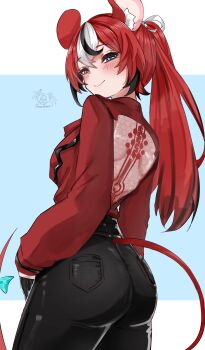 1girl absurdres animal_ears ass back_cutout black_gloves black_hair black_pants blue_background blue_eyes closed_mouth clothing_cutout commentary cosplay denim eve_(stellar_blade) eve_(stellar_blade)_(cosplay) gloves hakos_baelz half_gloves highres hololive hololive_english jeans long_hair looking_at_viewer looking_back mouse_ears mouse_girl mouse_tail multicolored_hair pants ponytail red_hair red_passion_(stellar_blade) red_shirt shirt smile solo soup_(soupysoull) streaked_hair tail two-tone_background virtual_youtuber white_background white_hair