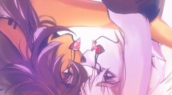 1boy 1girl alien_stage animal_ears animal_nose asriel_dreemurr black_hair commentary dark_crowl december_holiday deer_girl deltarune english_commentary fangs furry furry_female furry_male furry_with_furry gem goat_boy goat_ears hetero mouth_hold red_gemstone scene_reference utdr_(toby_fox) white_fur