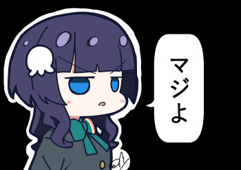 Rule 34 | 1girl, :o, absurdres, asaka karin, black background, black jacket, blue eyes, bow, bowtie, chibi, chibi only, commentary, green bow, green bowtie, hashtag-only commentary, highres, jacket, jellyfish hair ornament, jitome, looking at viewer, love live!, love live! nijigasaki high school idol club, nijigasaki school uniform, oofushi ao, open mouth, outline, purple hair, school uniform, signature, simple background, solo, speech bubble, translation request, upper body, white outline, winter uniform