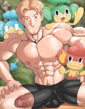 abs alternate_muscle_size bara black_hair blonde_hair blurry blurry_background bright_pupils commentary covered_testicles english_commentary facial_hair foreskin gen_5_pokemon girthy_penis goatee_stubble highres large_pectorals large_penis looking_at_viewer mokacake muscular muscular_male navel_hair nintendo nipples panpour pansage pansear pectorals penis penis_out pokemon pokemon_(creature) pokemon_concierge short_hair sitting stubble topless_male tyler_(pokemon) white_pupils
