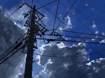 blue_sky cloud cloudy_sky commentary_request highres hisachan55cute no_humans original outdoors pixel_art power_lines scenery sky sky_focus utility_pole