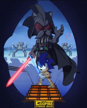 2boys cosplay darth_vader darth_vader_(cosplay) energy_sword full_body furry furry_male highres holding holding_weapon lightsaber luke_skywalker luke_skywalker_(cosplay) male_focus movie_poster multiple_boys outdoors poster_(medium) sonic_(series) sonic_the_hedgehog spoon standing star_wars star_wars:_the_empire_strikes_back sword teamsea3on weapon