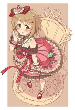 Rule 34 | 1girl, 7010, ankle scrunchie, arm scrunchie, bare shoulders, black bow, black bowtie, black dress, black scrunchie, blush, bow, bowtie, breasts, brown background, brown eyes, brown hair, cleavage, cookie, dot nose, dress, dress bow, food, frilled dress, frills, from above, full body, hair bow, hair ornament, hair ribbon, hairclip, hand up, idolmaster, idolmaster cinderella girls, idolmaster cinderella girls starlight stage, index finger raised, jewelry, lace collar, large breasts, layered dress, looking at viewer, mary janes, mimura kanako, necklace, open mouth, pink scrunchie, plump, red bow, red ribbon, red shoes, ribbon, scrunchie, shoes, short hair, simple background, smile, socks, solo, standing, striped ribbon, white scrunchie, white socks, wrist scrunchie